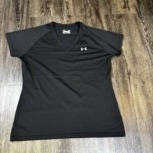 Under Armour T Shirt Women L Black V Neck HeatGear Athletic Running Gym